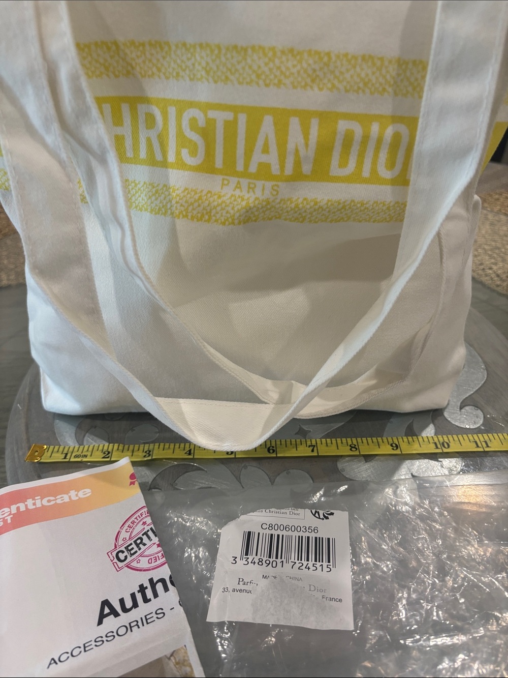 Dior White and Yellow Cotton Tote Bag with certificate of authenticity